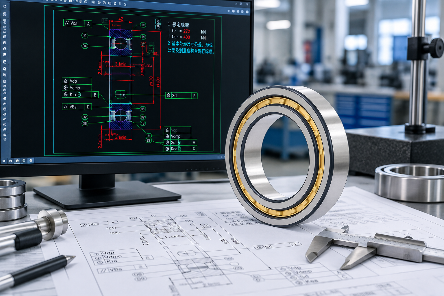 Custom industrial bearing with engineering CAD drawings and precision measuring equipment